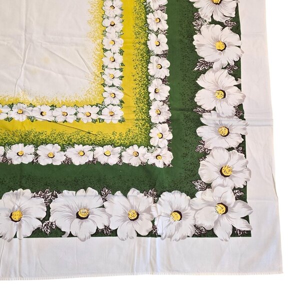 Vintage Tablecloth Floral White Yellow Green Tropical Hibiscus Border 52x64 Luau - Picture 3 of 15
